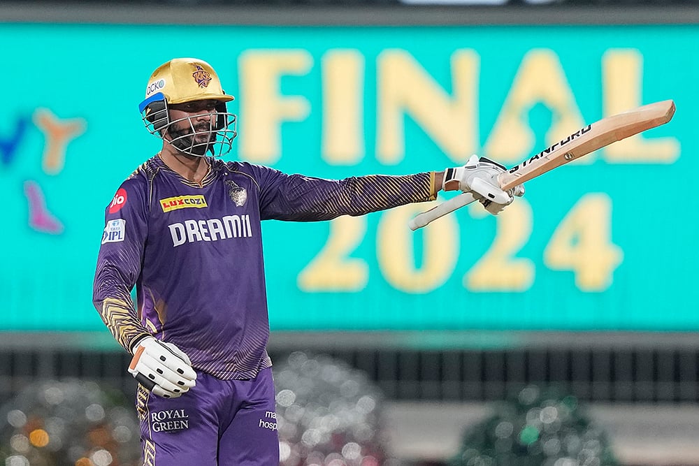 | Photo: AP/Mahesh Kumar A. : Venkatesh Iyer celebrates scoring fifty runs